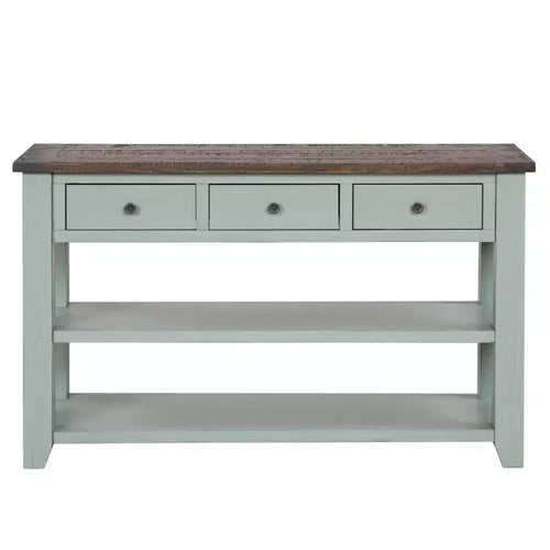 Console de 122 cm en bois massif avec 3 tiroirs de rangement et 2 étagères, dessus rétro bleu et marron