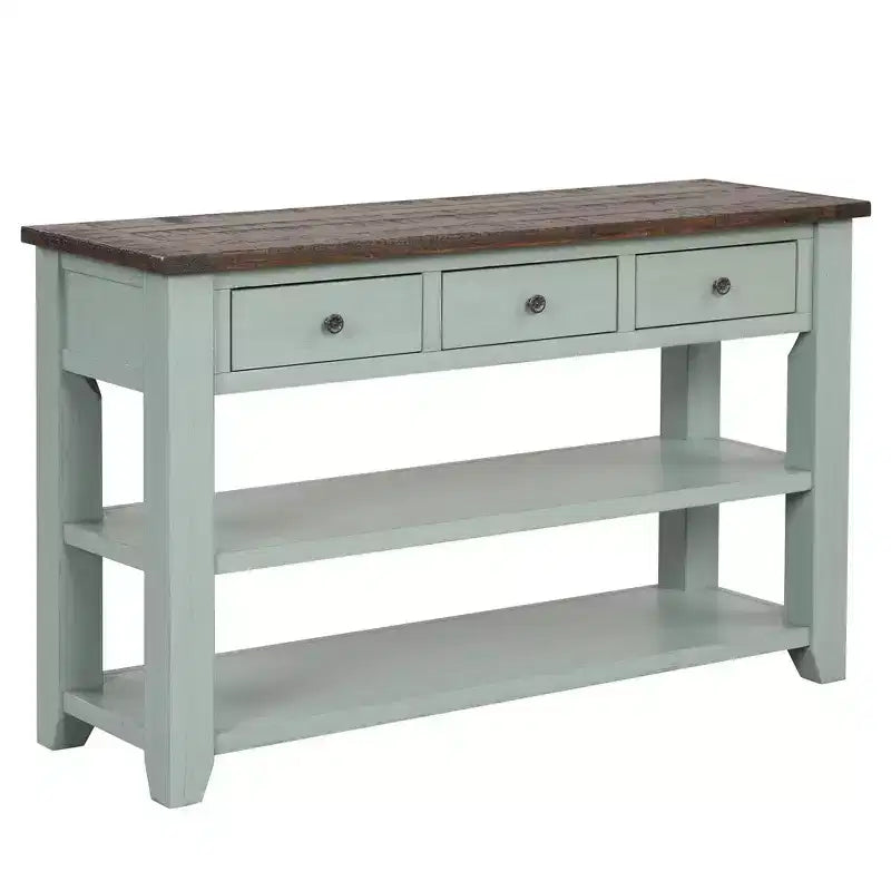 Console de 122 cm en bois massif avec 3 tiroirs de rangement et 2 étagères, dessus rétro bleu et marron