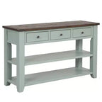 Console de 122 cm en bois massif avec 3 tiroirs de rangement et 2 étagères, dessus rétro bleu et marron