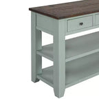 Console de 122 cm en bois massif avec 3 tiroirs de rangement et 2 étagères, dessus rétro bleu et marron