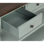 Console de 122 cm en bois massif avec 3 tiroirs de rangement et 2 étagères, dessus rétro bleu et marron