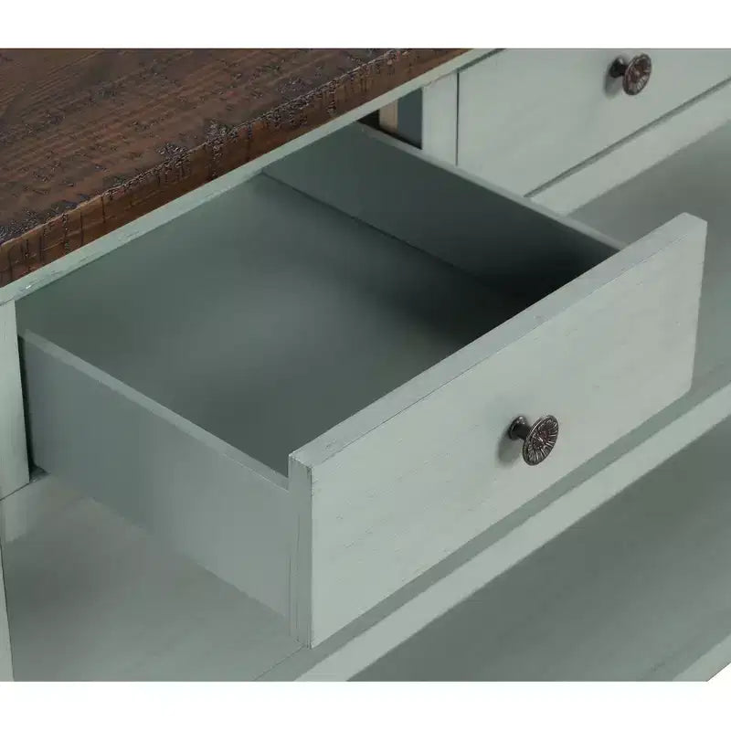 Console de 122 cm en bois massif avec 3 tiroirs de rangement et 2 étagères, dessus rétro bleu et marron