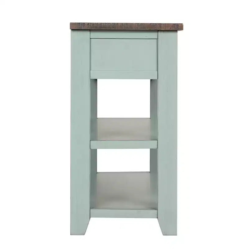 Console de 122 cm en bois massif avec 3 tiroirs de rangement et 2 étagères, dessus rétro bleu et marron
